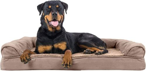 Furhaven Orthopedic Dog Bed for Large Dogs w/ Removable Bolsters & Washable Cover, For Dogs Up to 95 lbs - Plush & Suede Sofa - Almondine, Jumbo/XL