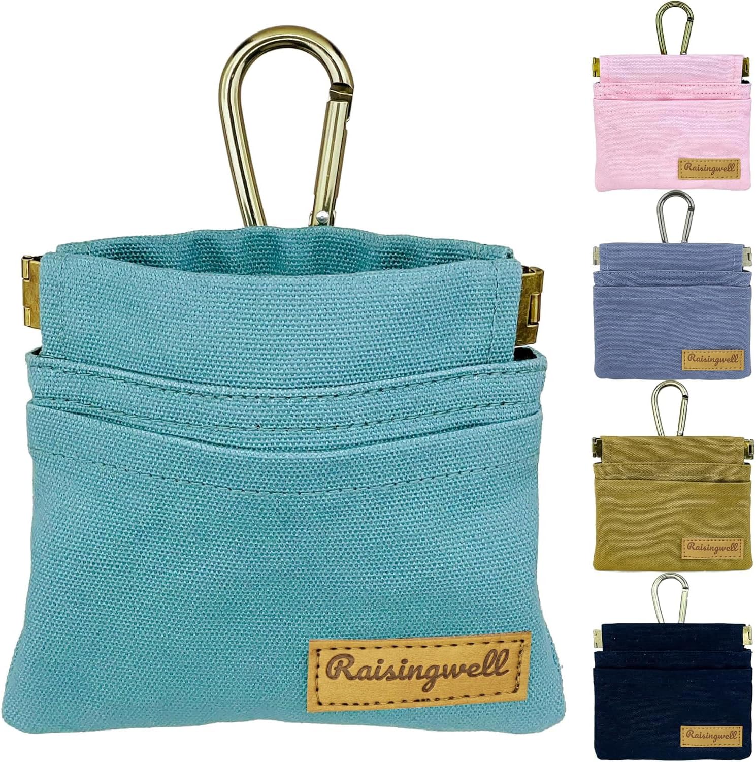 Raisingwell Dog Treat Pouch, Green Pocket Sized Pet Training Pouch, Cotton Fabric, Hand Free Dog Walking Bag with Carabiner, Self-Closing Pet Feed Snack Reward, for Puppy Travel or Outdoor Use